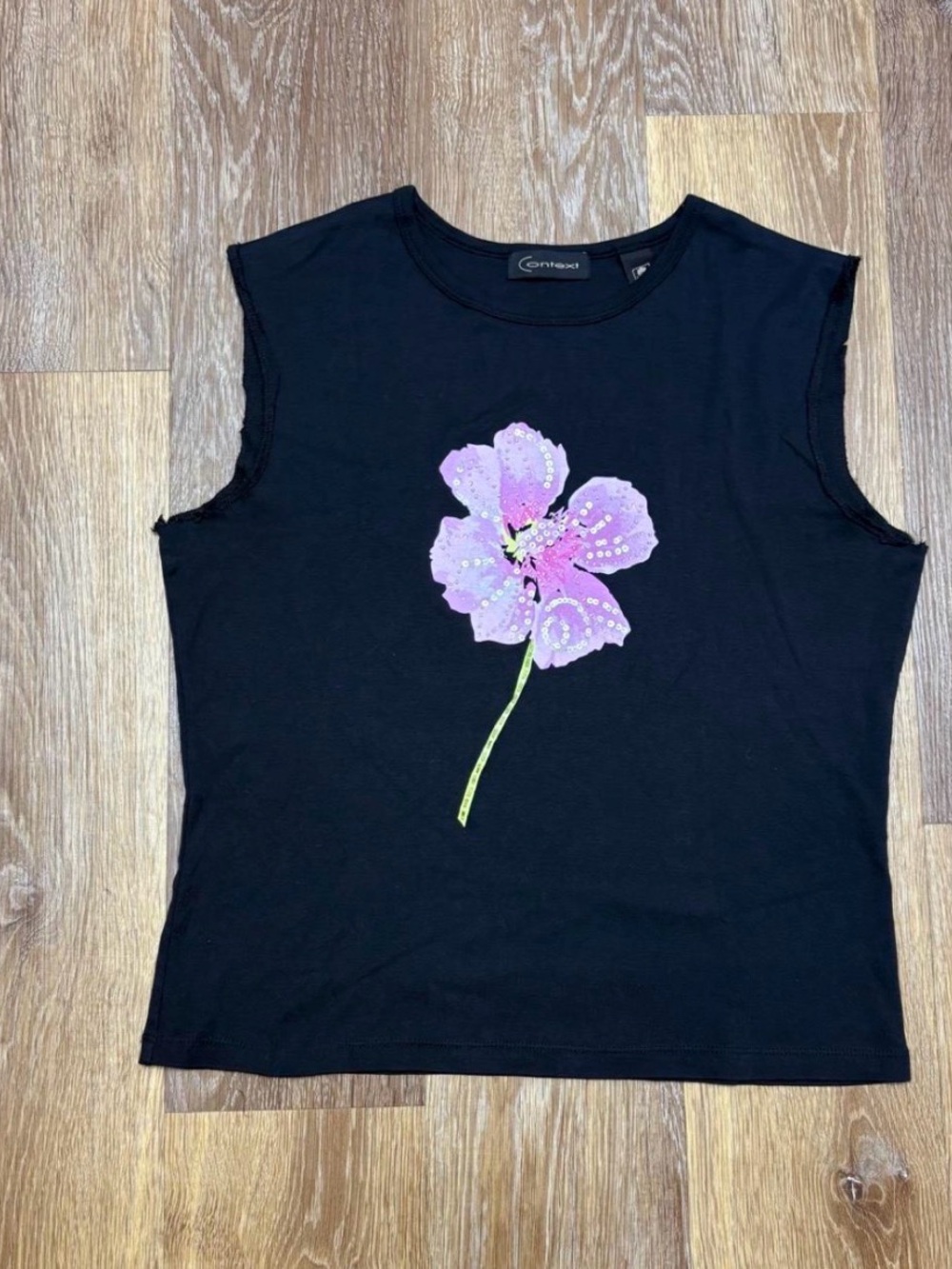 CONTEX® Women's Black Beaded Pink
Flower Sleeveless Tank Top